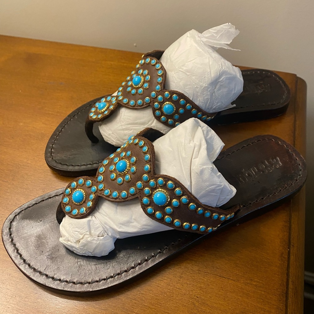 Mystique Boutique Brown Sandals with Turquoise Embellishments